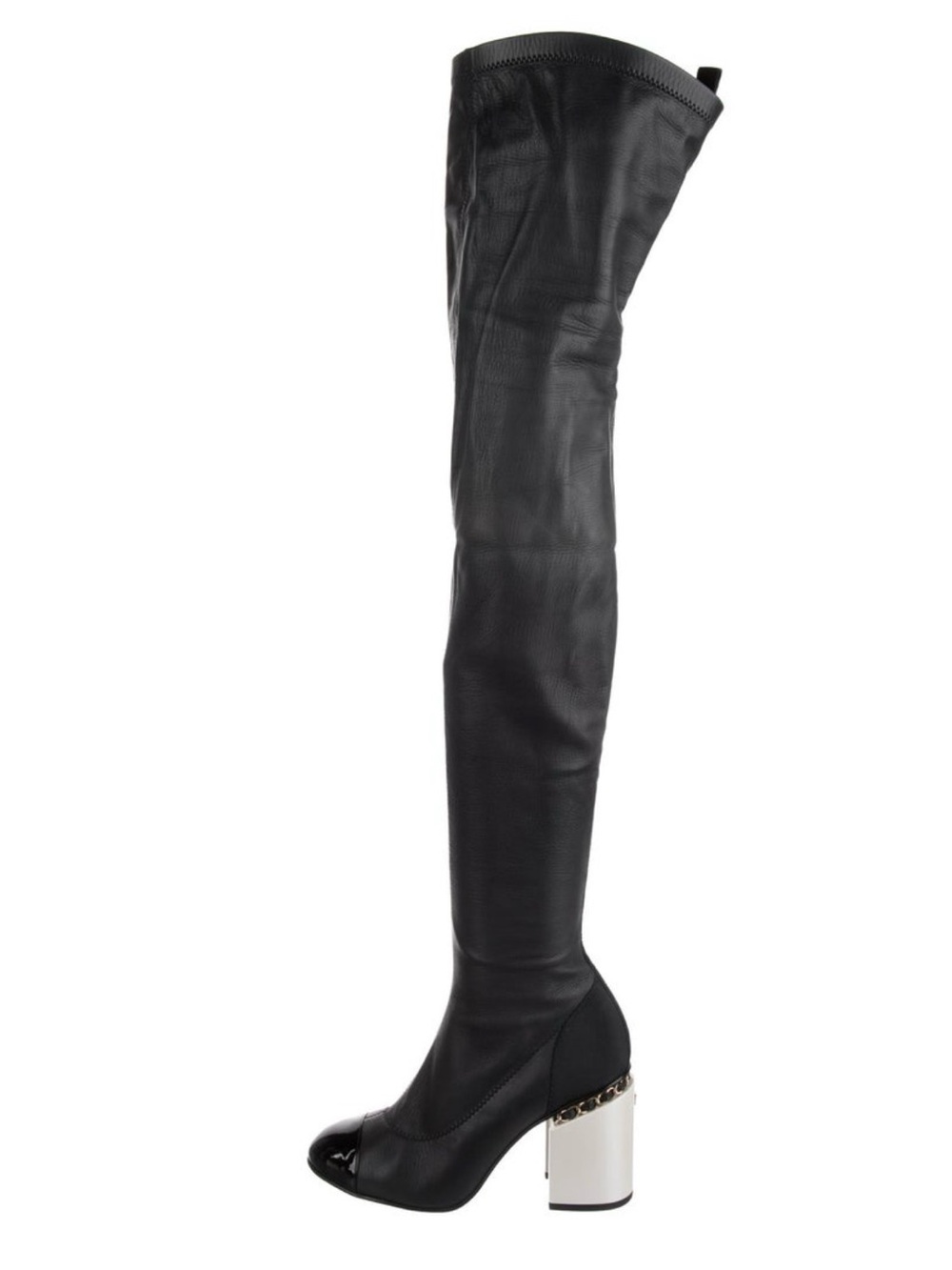 Chanel black leather Over-The-Knee Women's Boot with chain Accent Heel cc logo - Picture 2 of 16